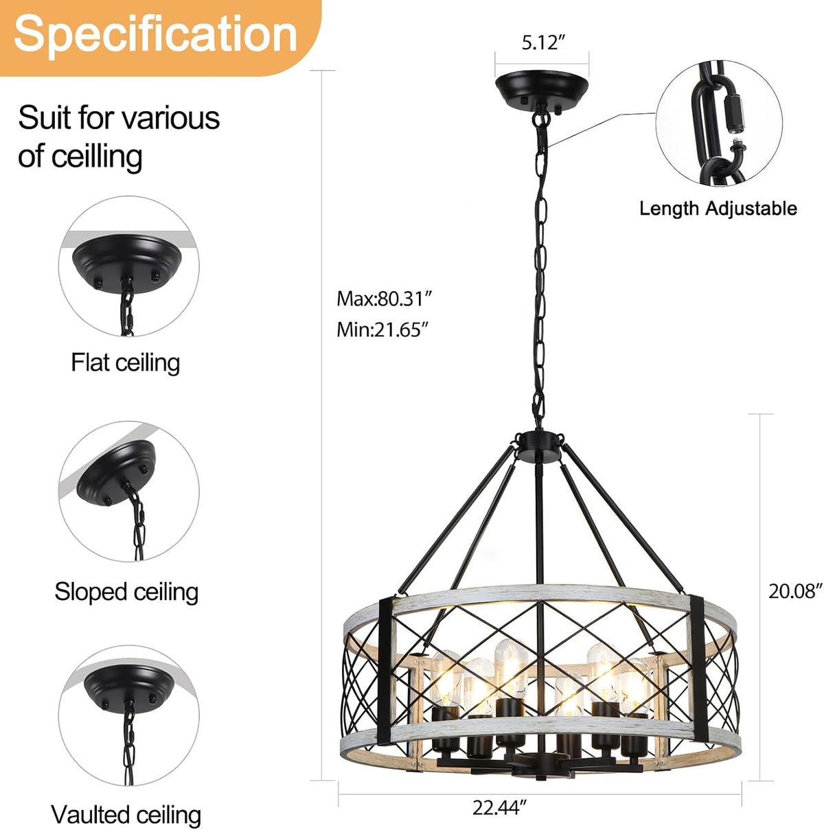 6-light 22.5'' farmhouse chandelier for dining room light shown in use
