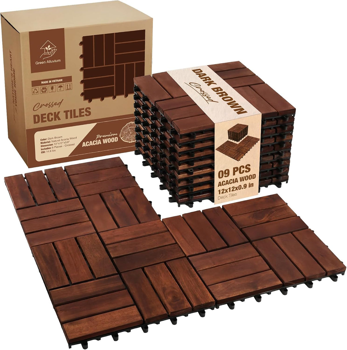 Acacia Wood Interlocking Deck Tiles, Patio & Backyard Tile, 12 in, 9 PCS