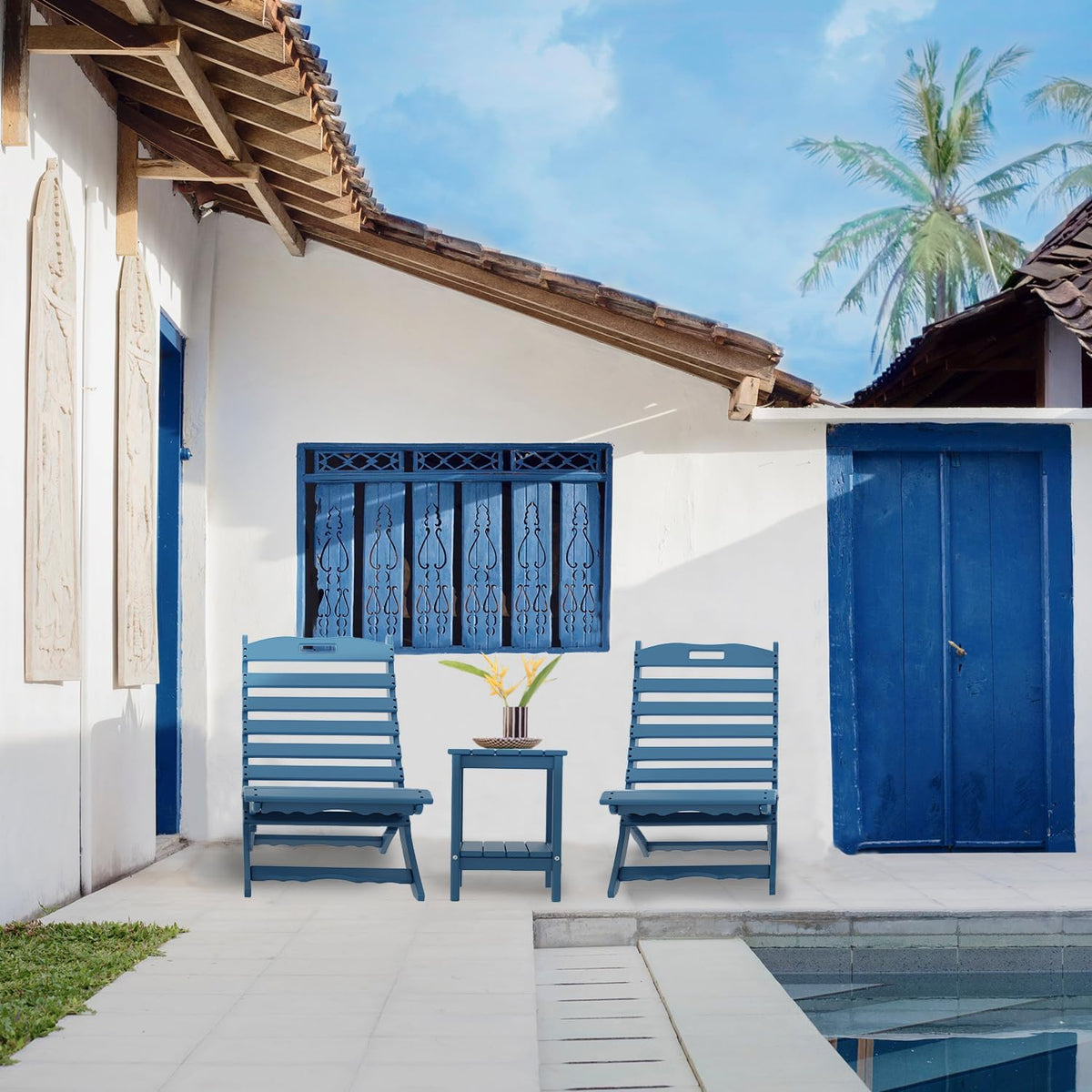 IVY&LANE Portable Xavier-Chairs Set of 2 | Folding-Adirondack-Chair | Wave | HDPE Plastic | Blue | All-Weather Resistant | for Outdoor Fire-Pit Patio Lawn Beach Poolside