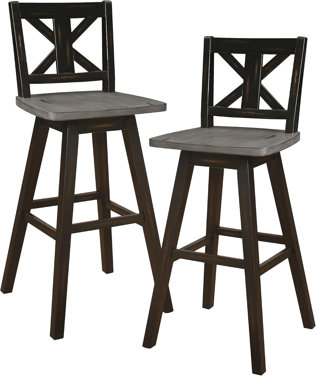 Lexicon Swivel Bar Height Stools Set of 2, X Back, Antique Black/Grey