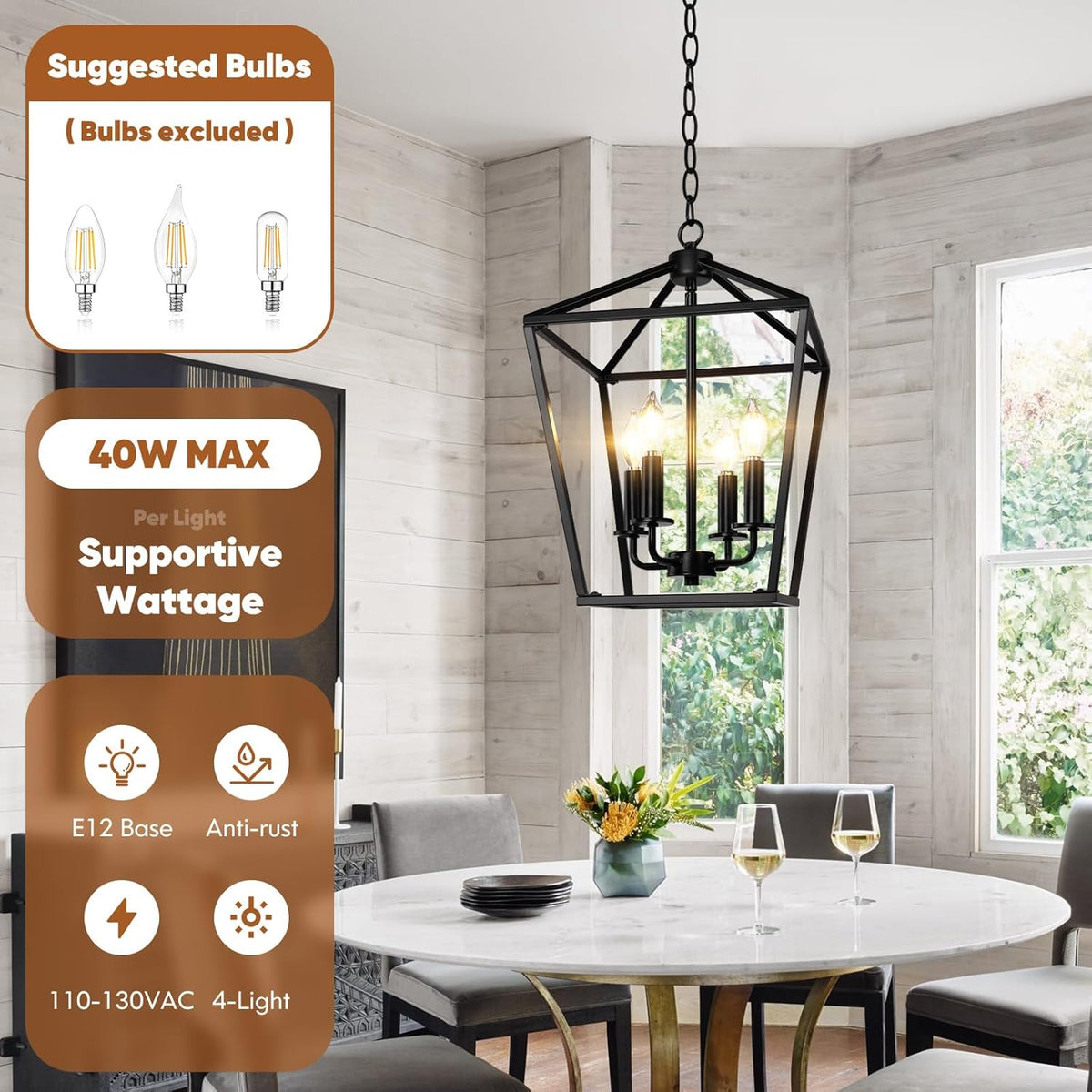 Black Farmhouse Chandelier, 4-Light Foyer Lighting Fixtures for Dining Room