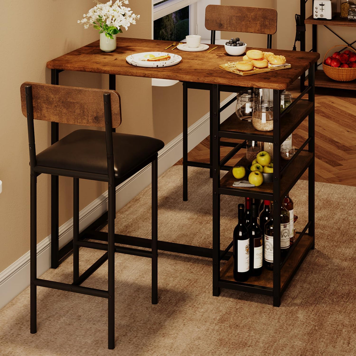 IDEALHOUSE Dining Table Set for 2, Counter Height Kitchen Table and Chairs, Bar Table Set with 2 Upholstered Bar Stools, 3 Piece Dining Room Table Set for Small Space, Apartment, Retro Brown