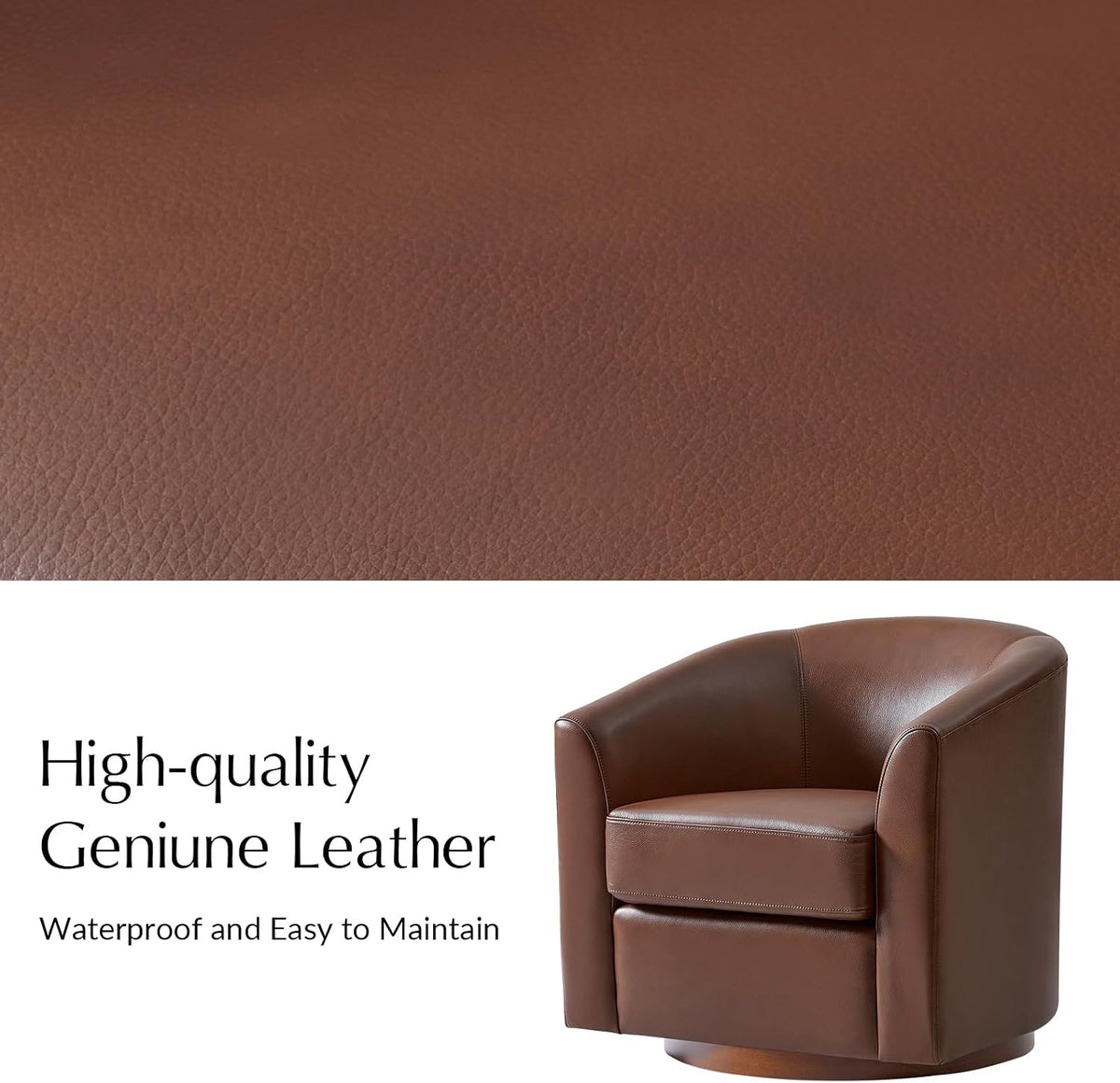 HULALA HOME Genuine Leather Swivel Barrel Accent Chairs Set of 2, Brown