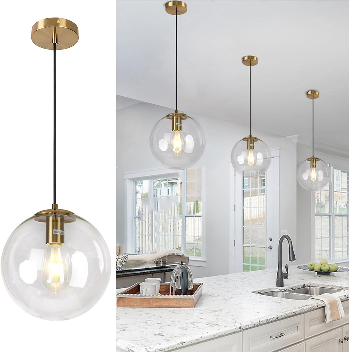 10" Gold Globe Pendant Light Mid Century Modern for Kitchen Island