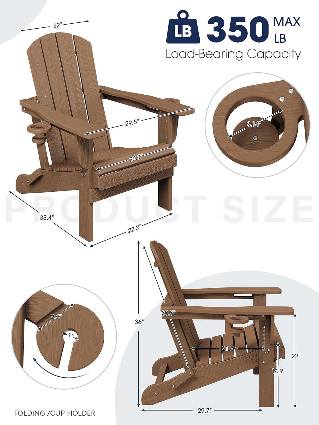 KINGYES Folding Adirondack Chair Set of 6 with 2 Cup Holders, Brown