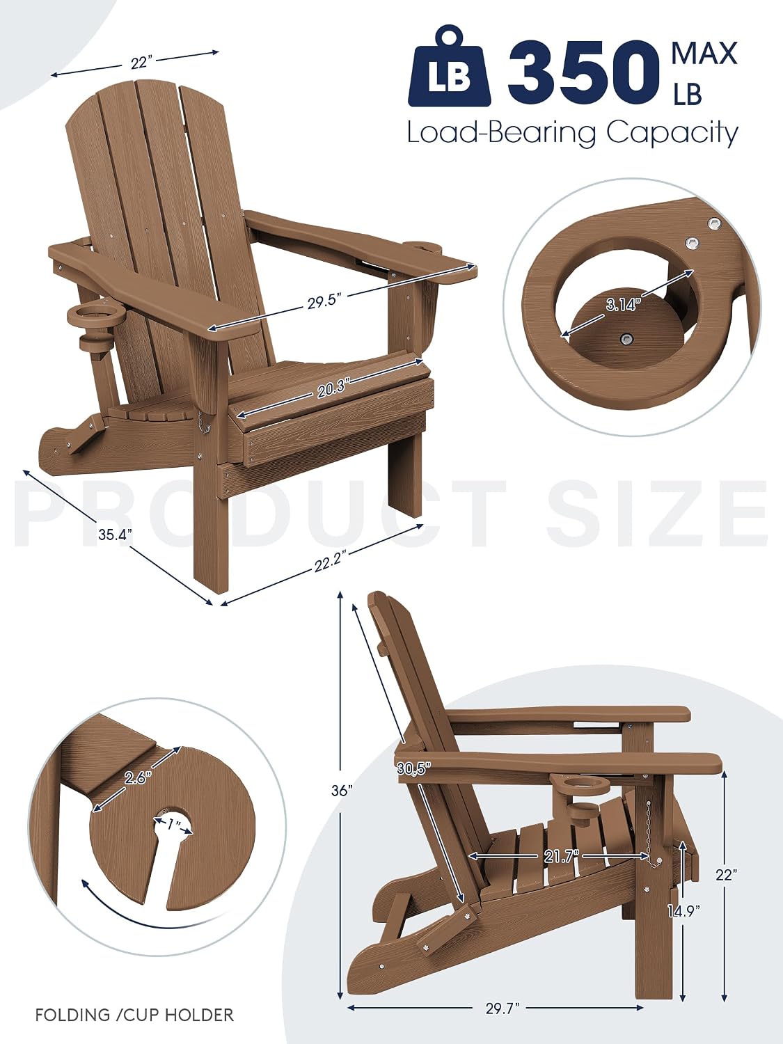 KINGYES Folding Adirondack Chair Set of 6 with 2 Cup Holders, Brown