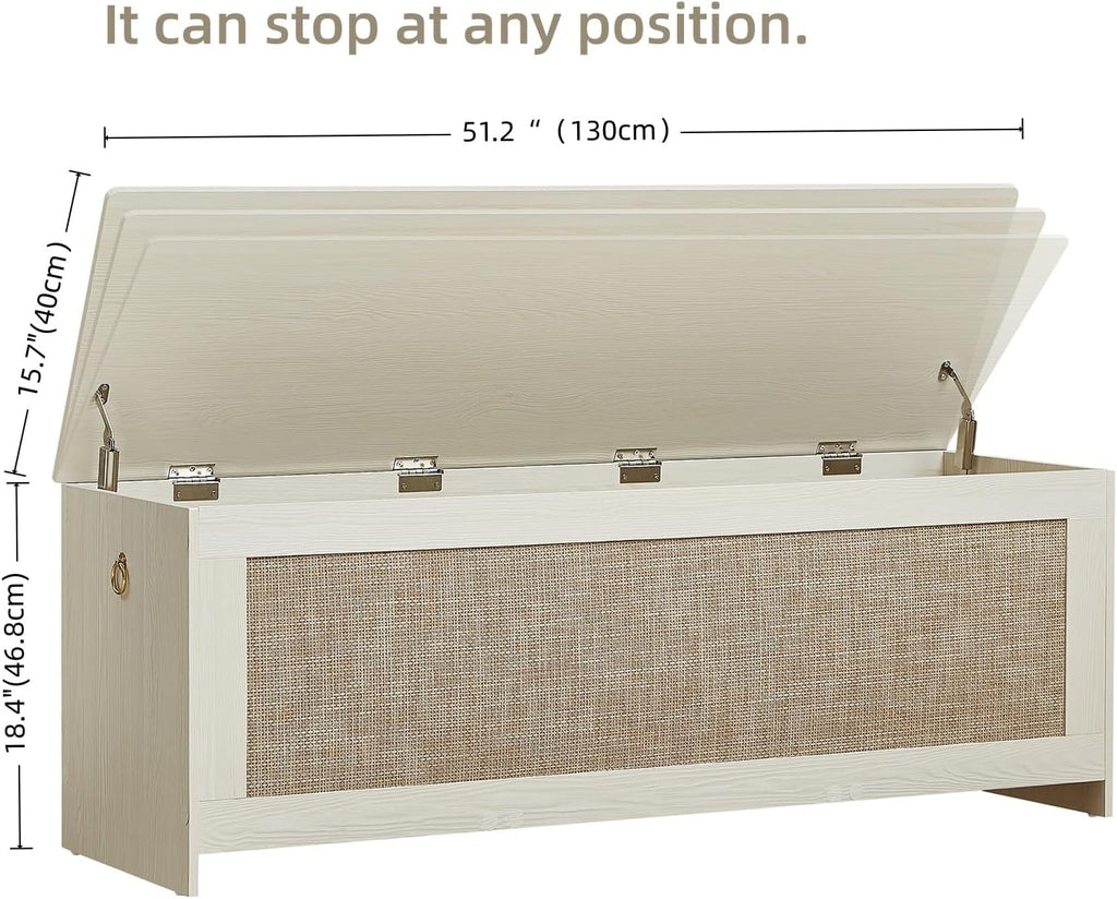 51.2" Storage Chest Large,Wooden Rattan Storage Bench.(White Cream)