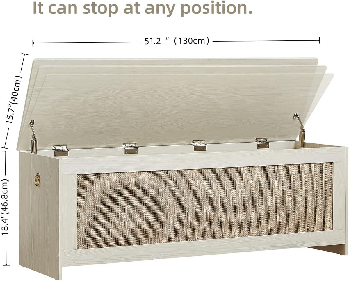 51.2" Storage Chest Large,Wooden Rattan Storage Bench.(White Cream)