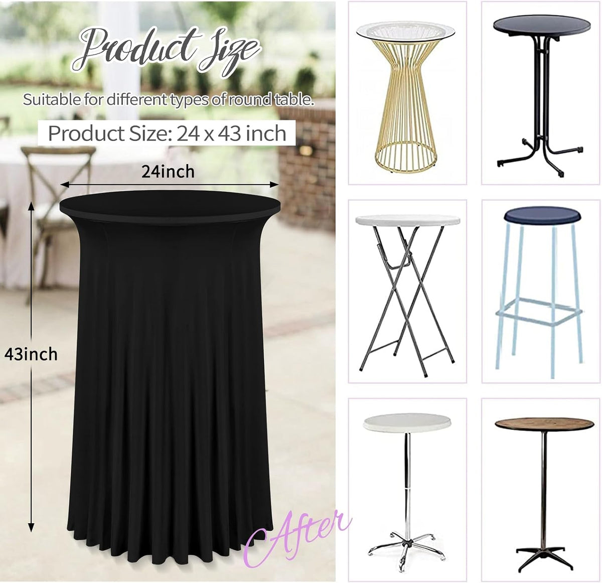 fani 10 Packs 24"x 43" Round Cocktail Table Skirt, Black
