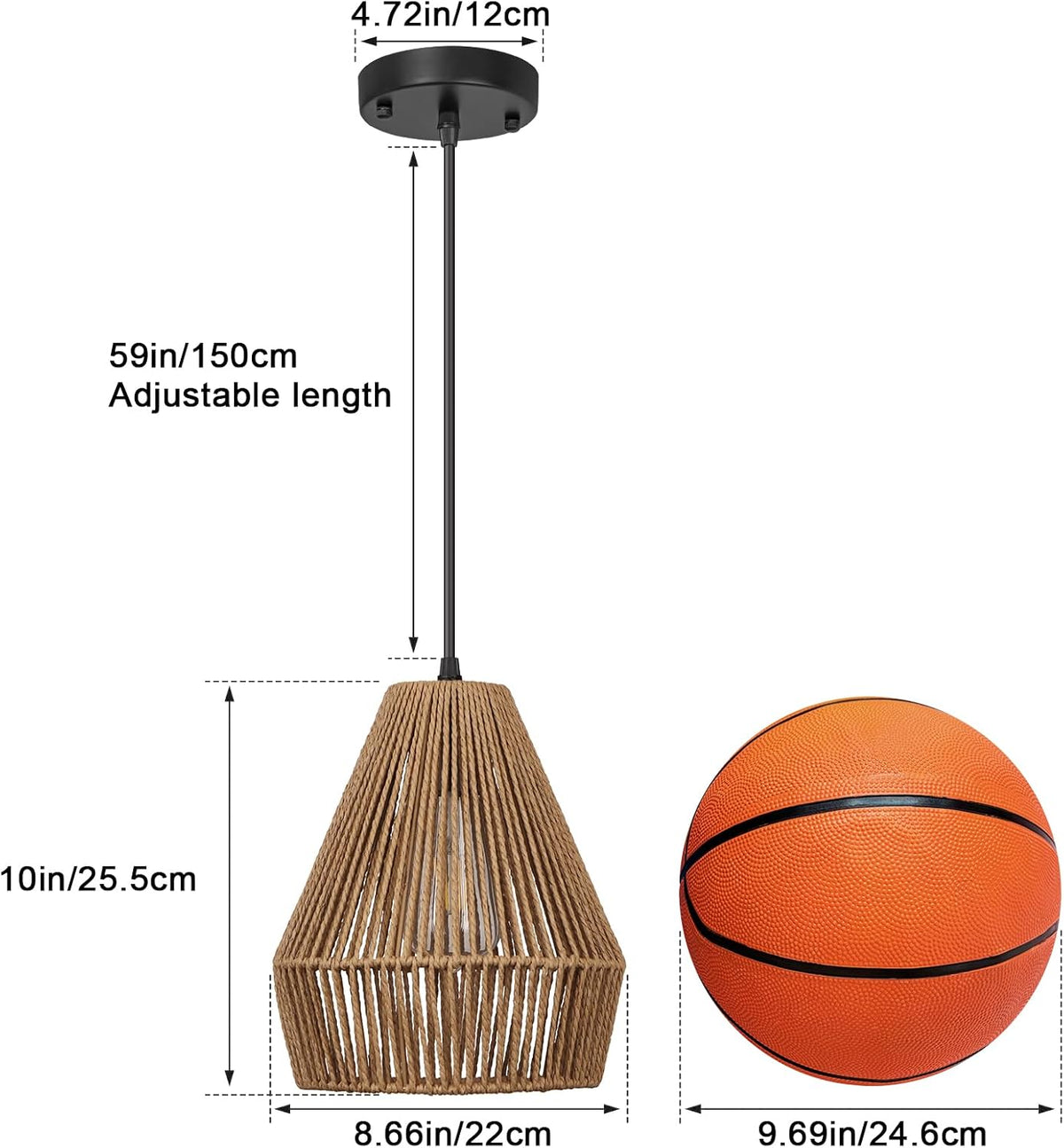 8.7'' rattan pendant light fixtures, boho basket hanging, side view
