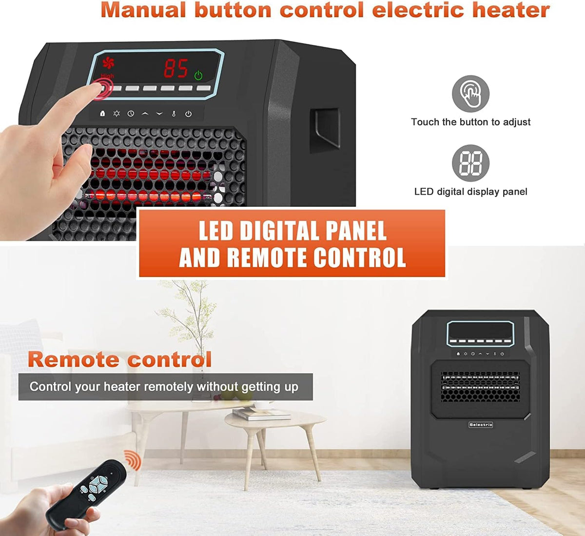 VOLTORB Freestanding Portable Electric Space Heater for Bedroom or Indoor Use with LED Display, Remote Control, and Fan Only Mode, Black