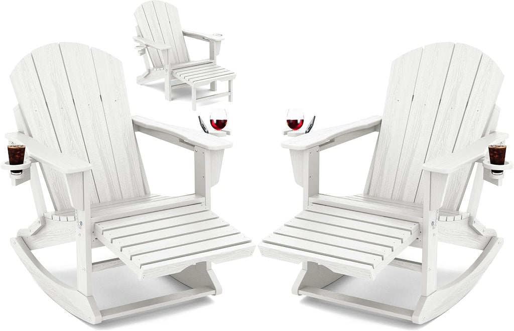 KINGYES Adirondack Rocking Chair Set of 2 with Ottoman and Cup Holders