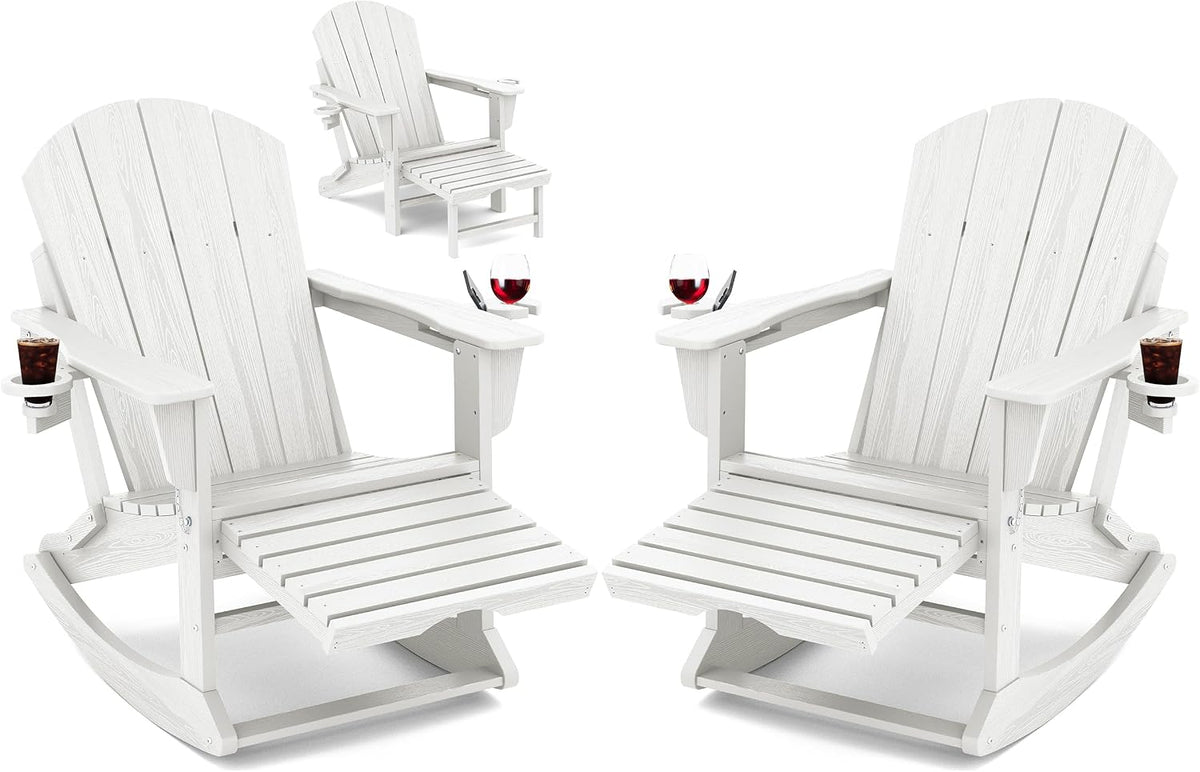 KINGYES Adirondack Rocking Chair Set of 2 with Ottoman and Cup Holders