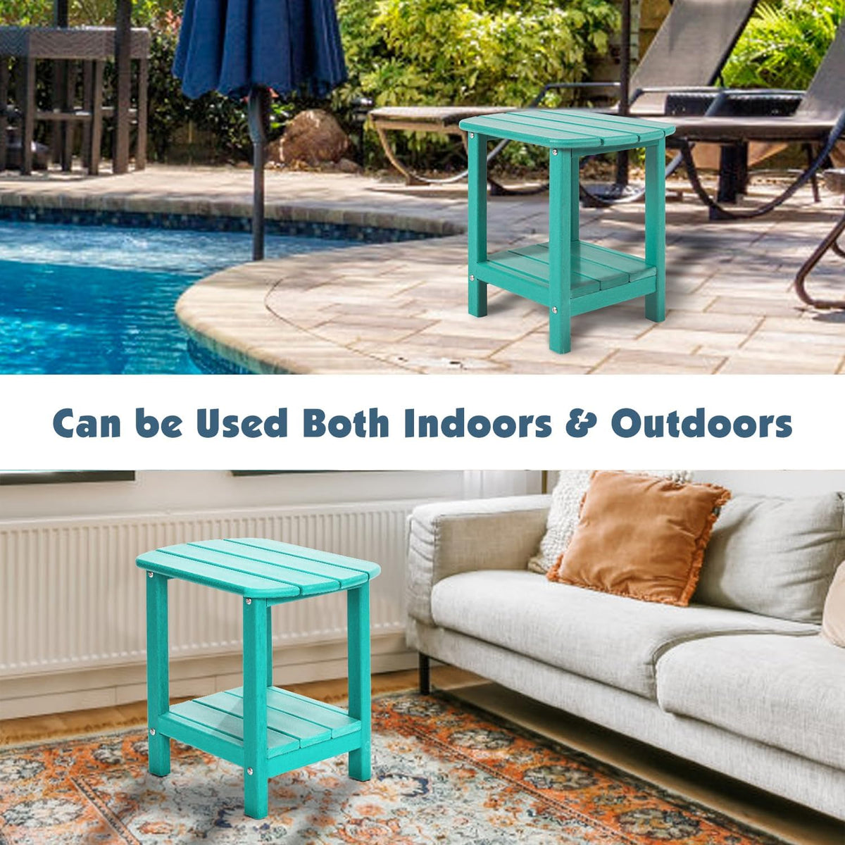 Adirondack Outdoor Side Table, 16.5” HDPE Small Patio Table with Storage Shelf, Weather Resistant End Table for Porch, Pool & Yard (Aruba)