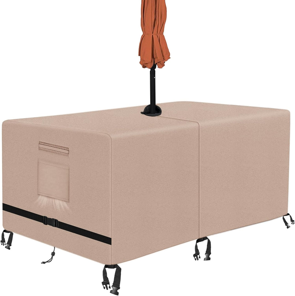 Rectangle Patio Table Cover with Umbrella Hole 108 Lx 82" W x 23.6" H,Khaki