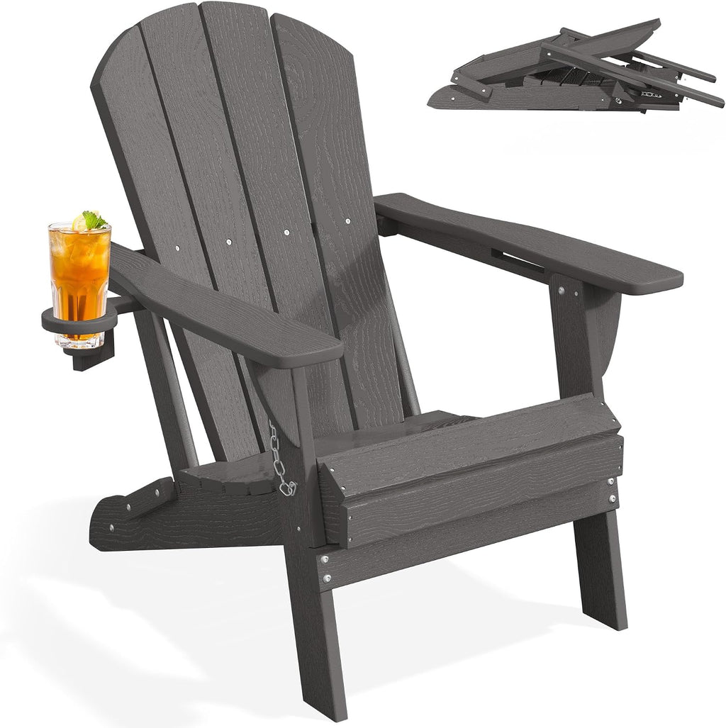 PLUUV Folding Adirondack Chair, HDPE Fire Pit Chairs with Cup Holder, Grey