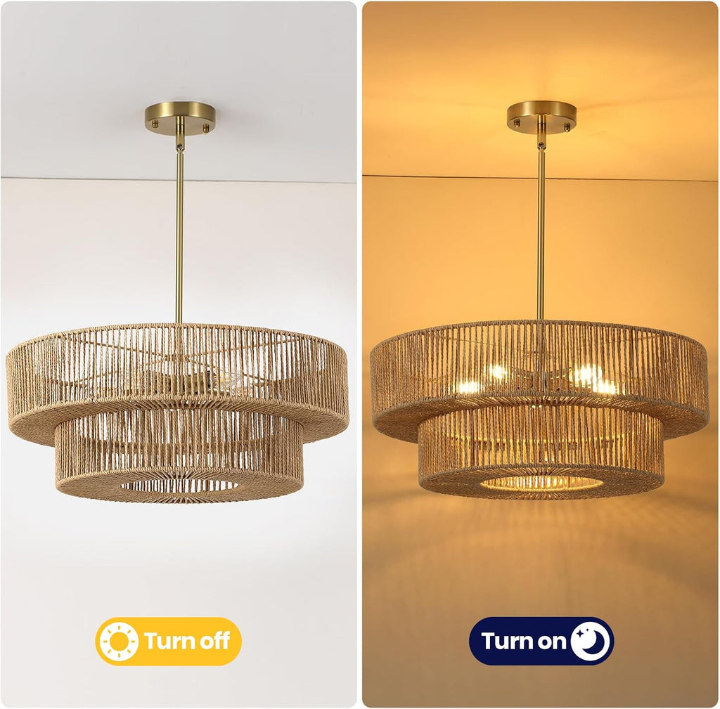 22" boho rattan chandelier, 5-light gold pendant light, close-up detail