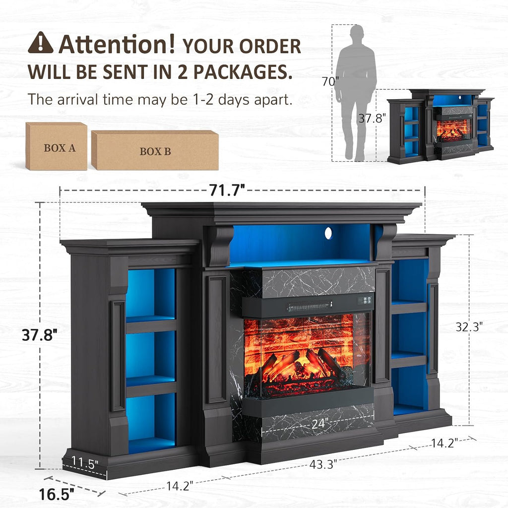 Naice 72” Electric Fireplace TV Stand w/ 3-Side Glass Heater, Marble Finish