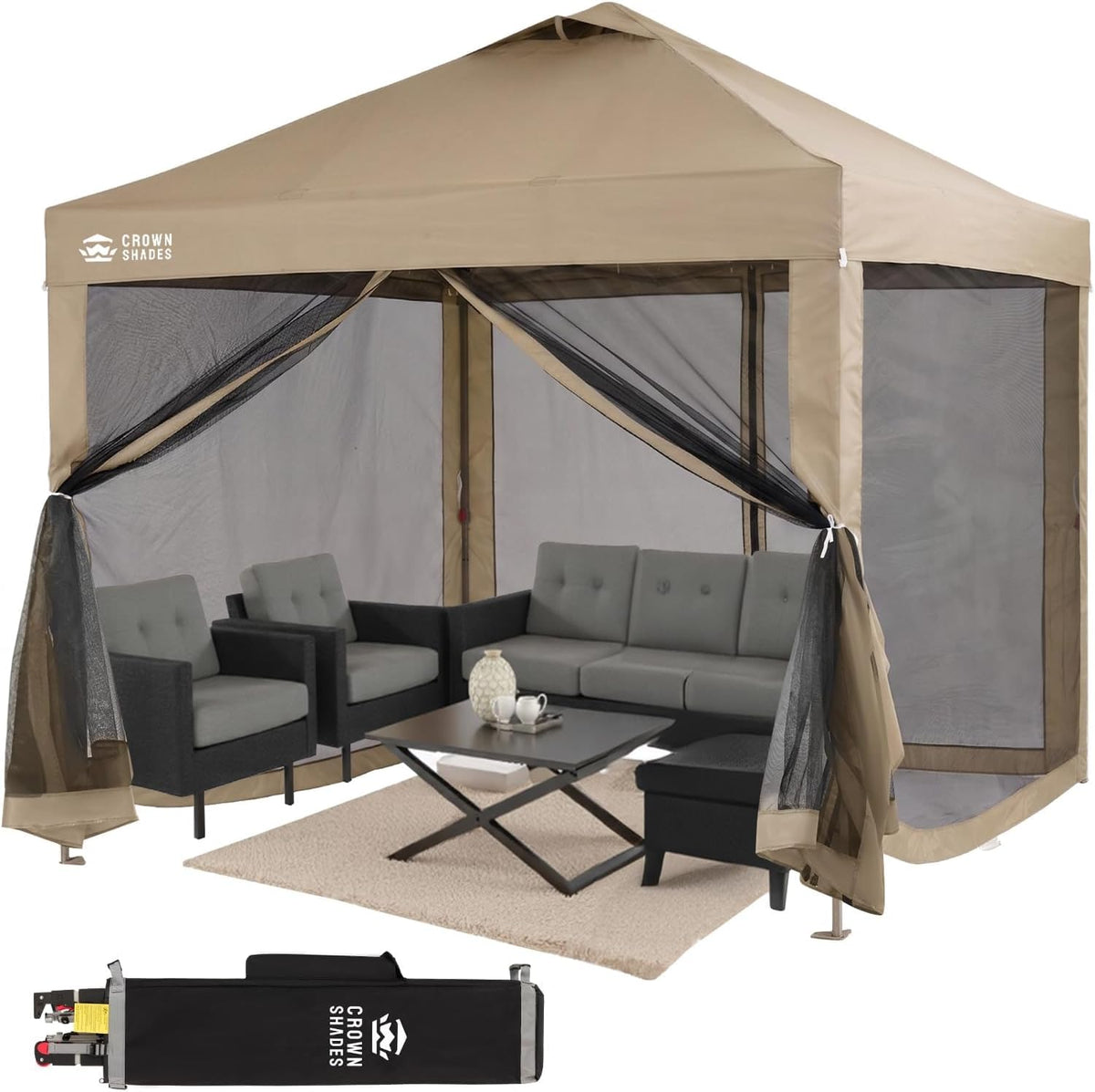 CROWN SHADES Gazebo 10x10 Pop Up Canopy with Mosquito Netting, Beige