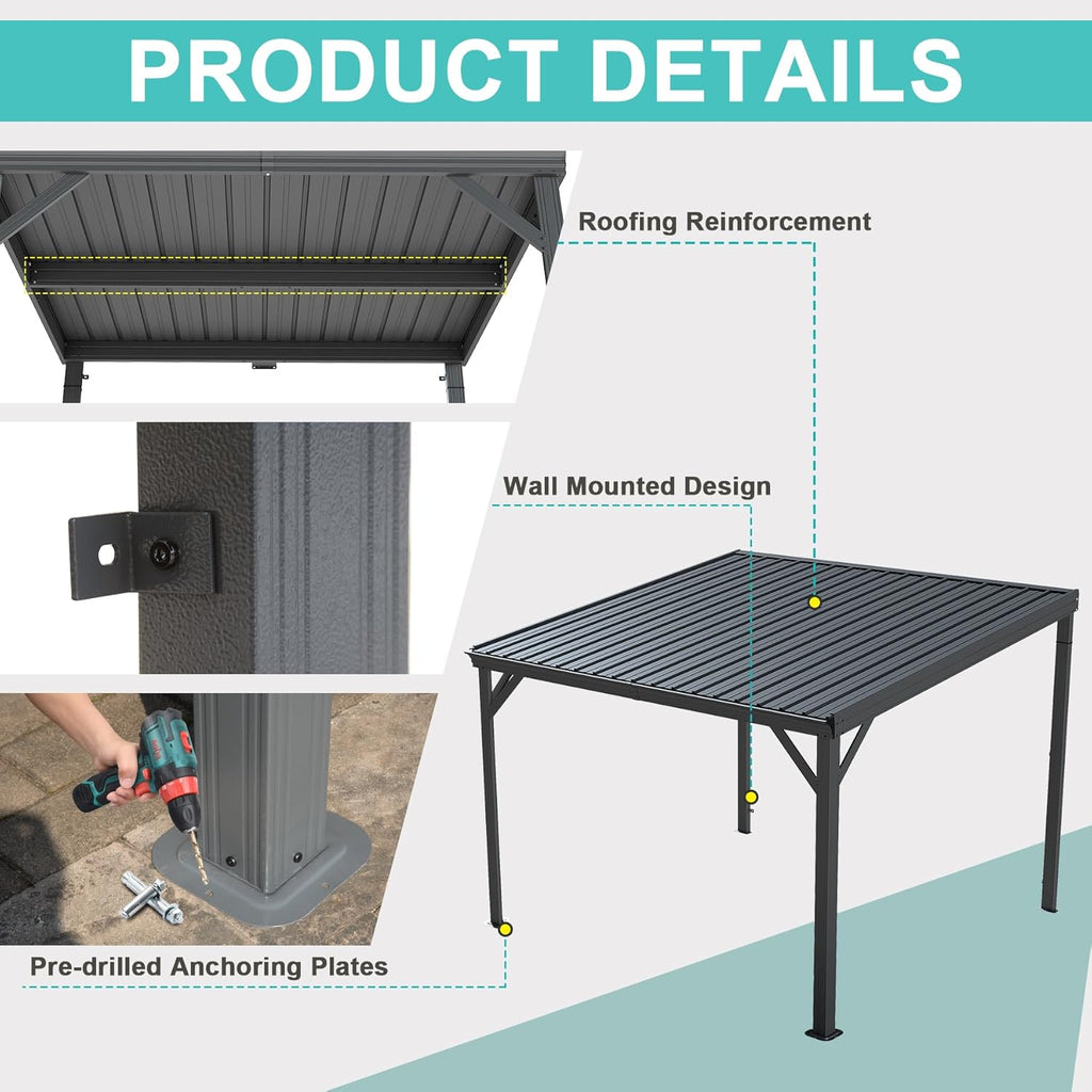 Domi 10'x10' Hardtop Lean-to Wall-Mounted Gazebo Pergola,Grey