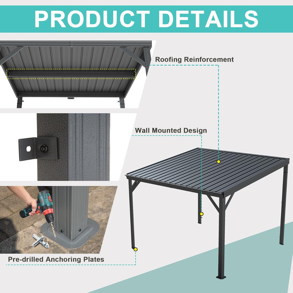 Domi 10'x10' Hardtop Lean-to Wall-Mounted Gazebo Pergola,Grey