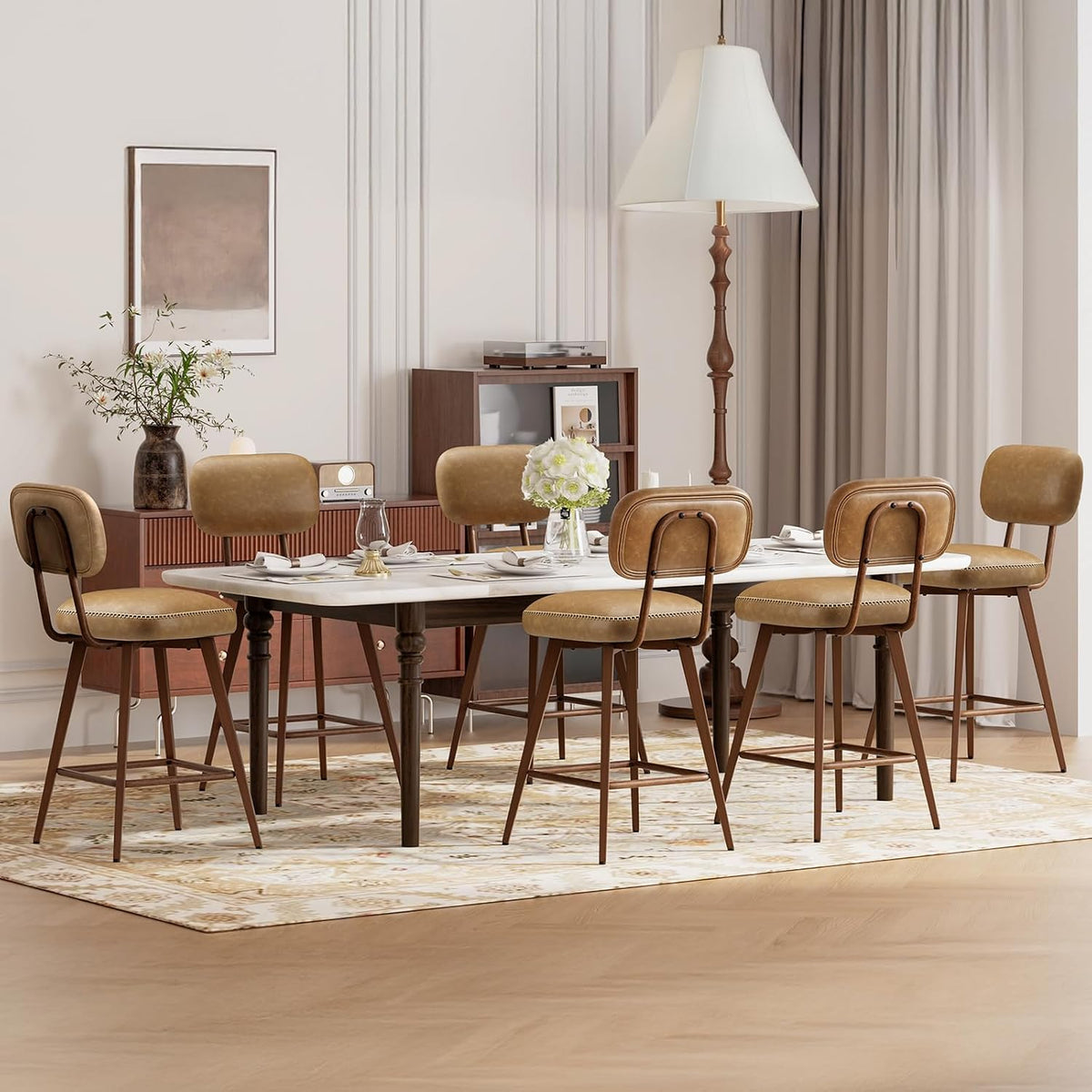 MALOL 26“ Swivel Bar Stools Set of 4, Mid Century PU Leather Counter Height Bar Chairs with Low Back and Metal Legs, Modern Bar Stool Chair for Kitchen Island, Brown