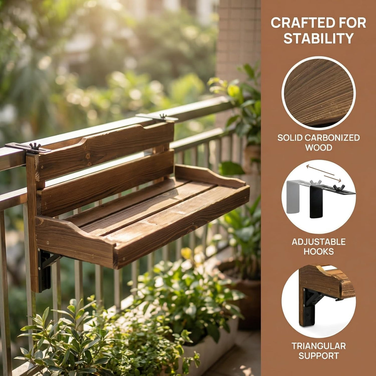 Folding Balcony Railing Table, Solid Wood Balcony Hanging Table, Railing Plant Holder, Balcony Bar Table Furniture for Apartment, Patio, Deck