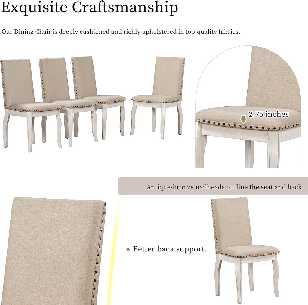 Merax Farmhouse Dining Table Set - 5-Piece Wood Round Extendable Table and 4 Upholstered Dining Chairs (Oak Natural Wood + Antique White)