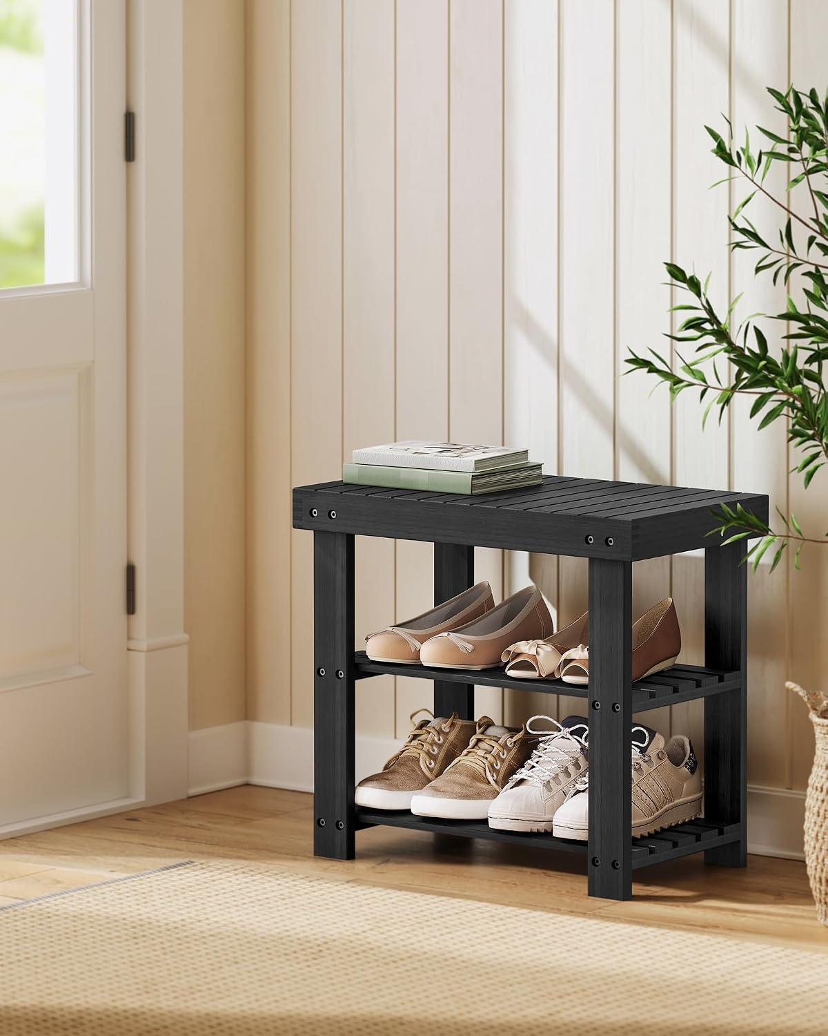 songmics shoe rack bench, 3-tier bamboo entryway bench shown in use