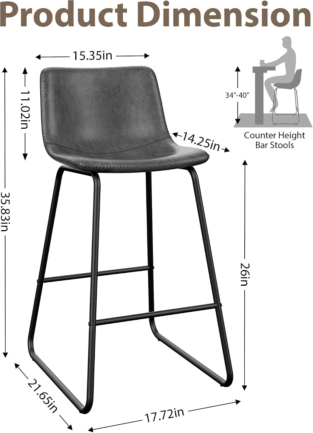 26in Bar Stools Counter Height Chairs Set of 3 Metal Legs (Gray)