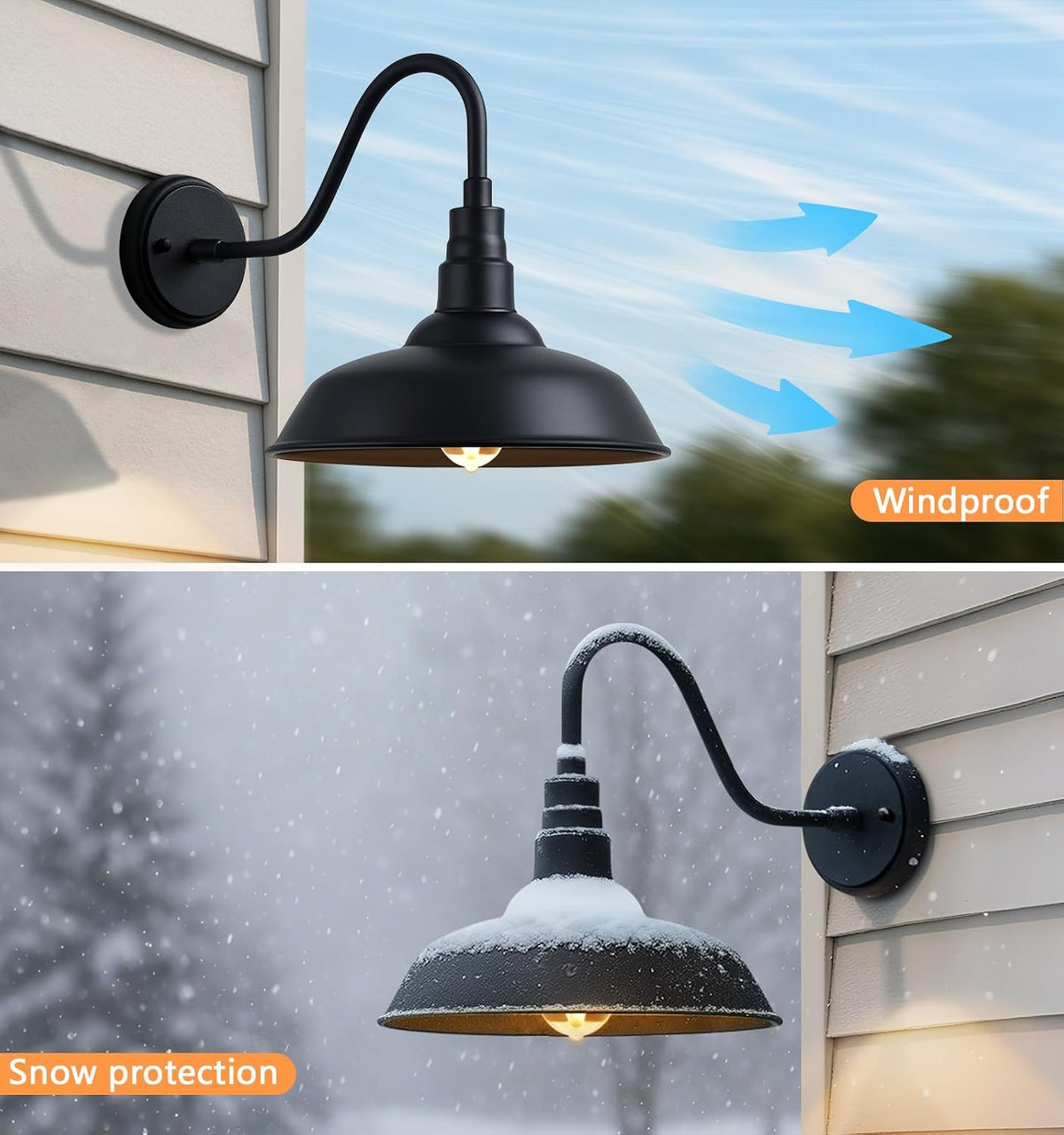 10" Outdoor Gooseneck Barn Lights, Black Farmhouse Fixtures, 2-Pack