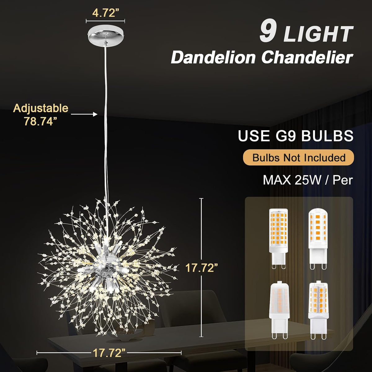 Modern Dandelion Firework Chandelier, Chrome, 9-Light