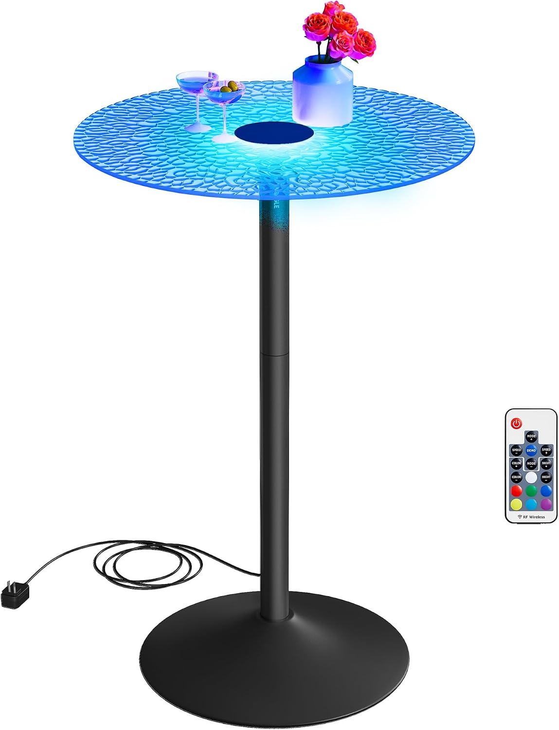 VASAGLE Round Bar Table with Multi-Colored Lights and Glass Top