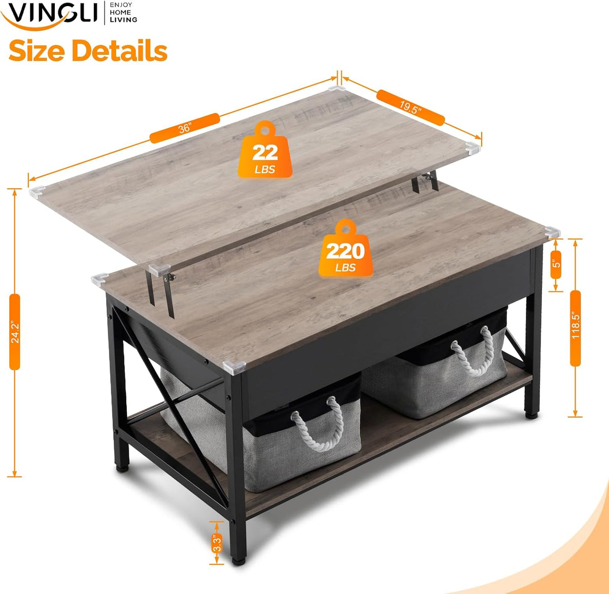 VINGLI 36" Lift Top Coffee Table with Free Cloth Storage Bins, Rustic Framhouse Grey Coffee Tables for Living Room, Small Modern Coffee Table for Small Space in Minimalistic Style, Gray