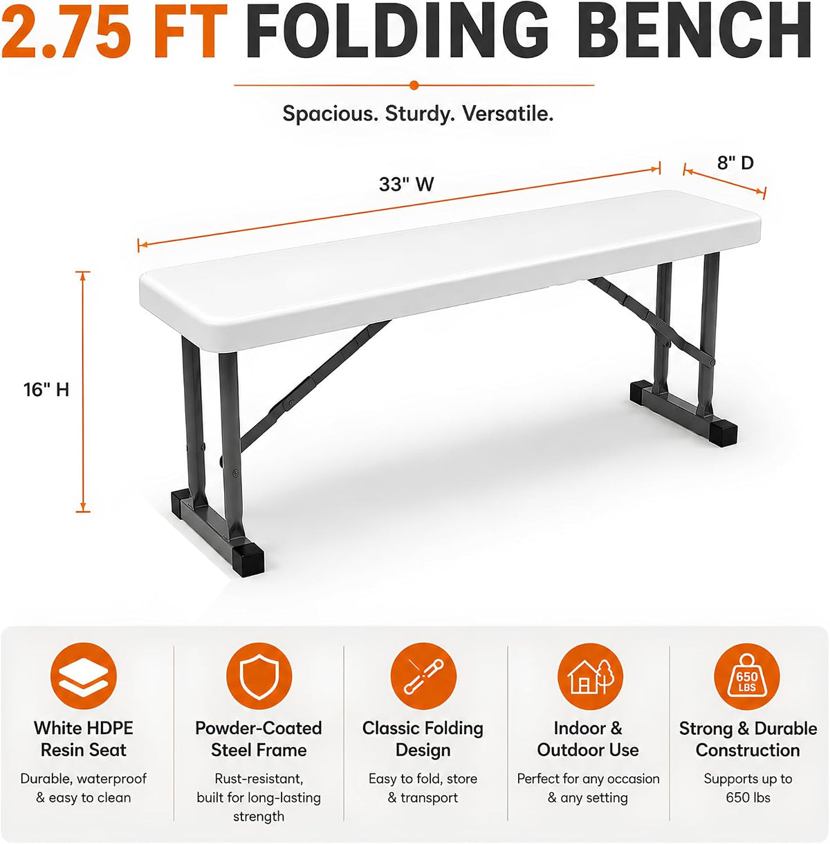 2.75ft plastic folding bench – lightweight and portable, close-up detail