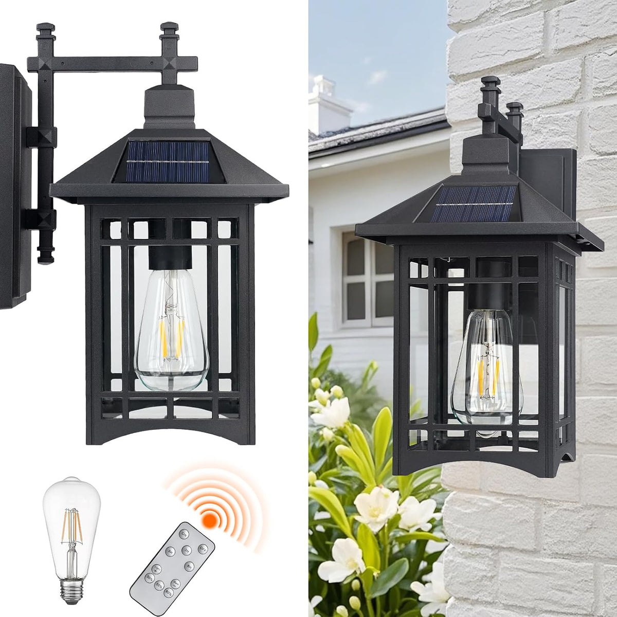 Solar Outdoor Wall Light，Exterior Lighting fixtures，Modern Black Exterior Light Fixture with Clear Glass Shade，Outdoor Solar Wall Lights Dusk to Dawn，for House Garage Doorway Patio