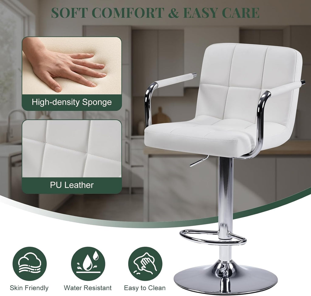 Bar Stools Set of 2, 24-26'' Adjustable Swivel Bar Chairs, White