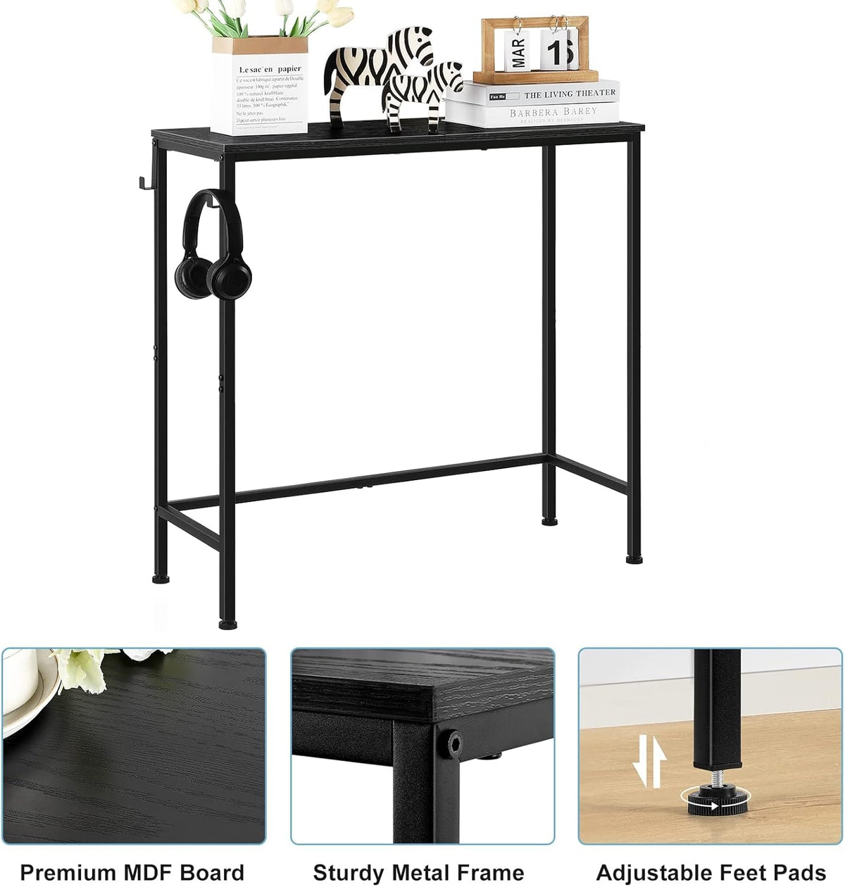 Black Modern Narrow Entryway Table - Skinny Sofa Table with Hooks for Living Room, Foyer, Bedroom, Corridor, Office