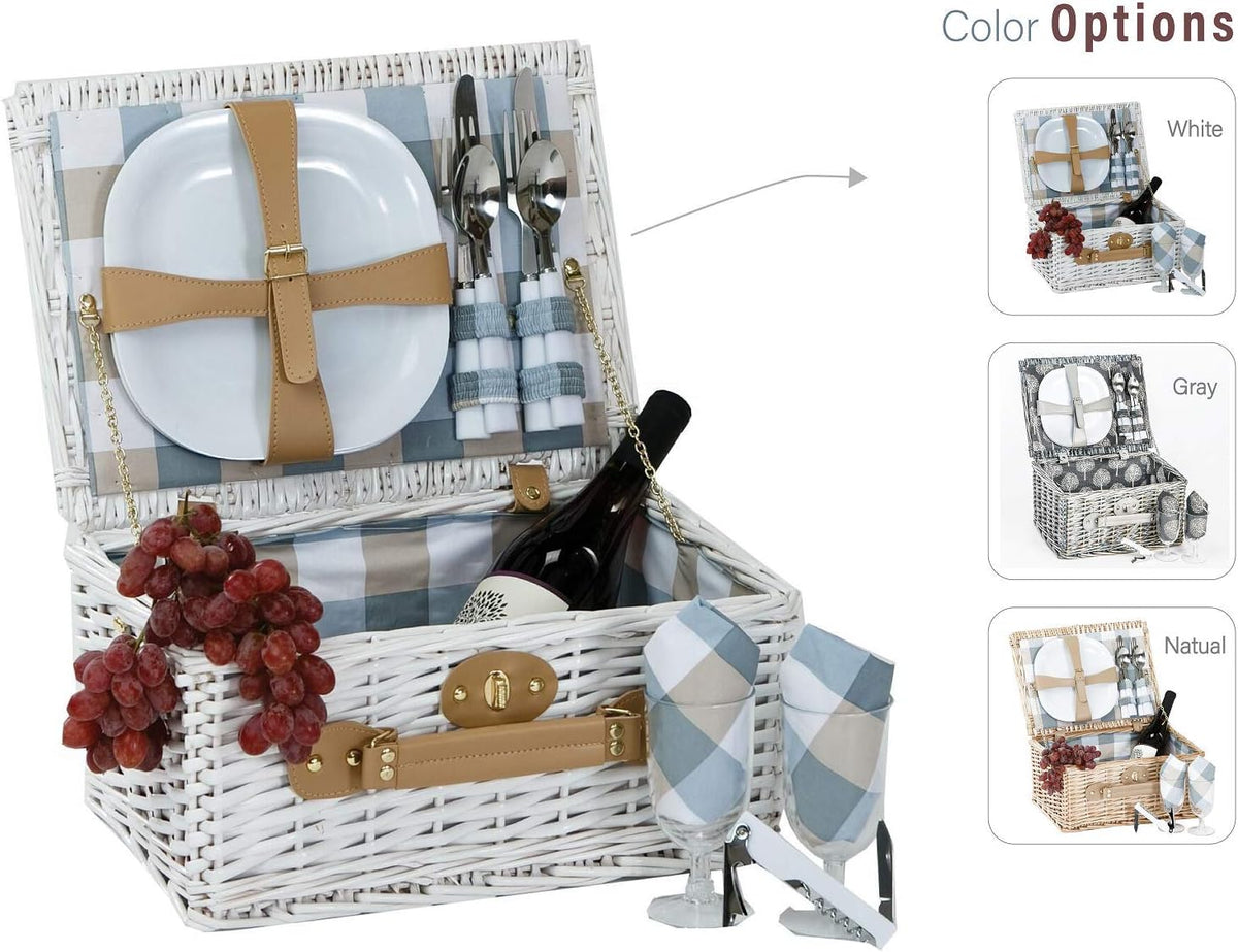 Boothbay White 2 Person Willow Picnic Basket Set with Plates Flatware Wine Glasses Cotton Napkins Corkscrew 14 pcs Included