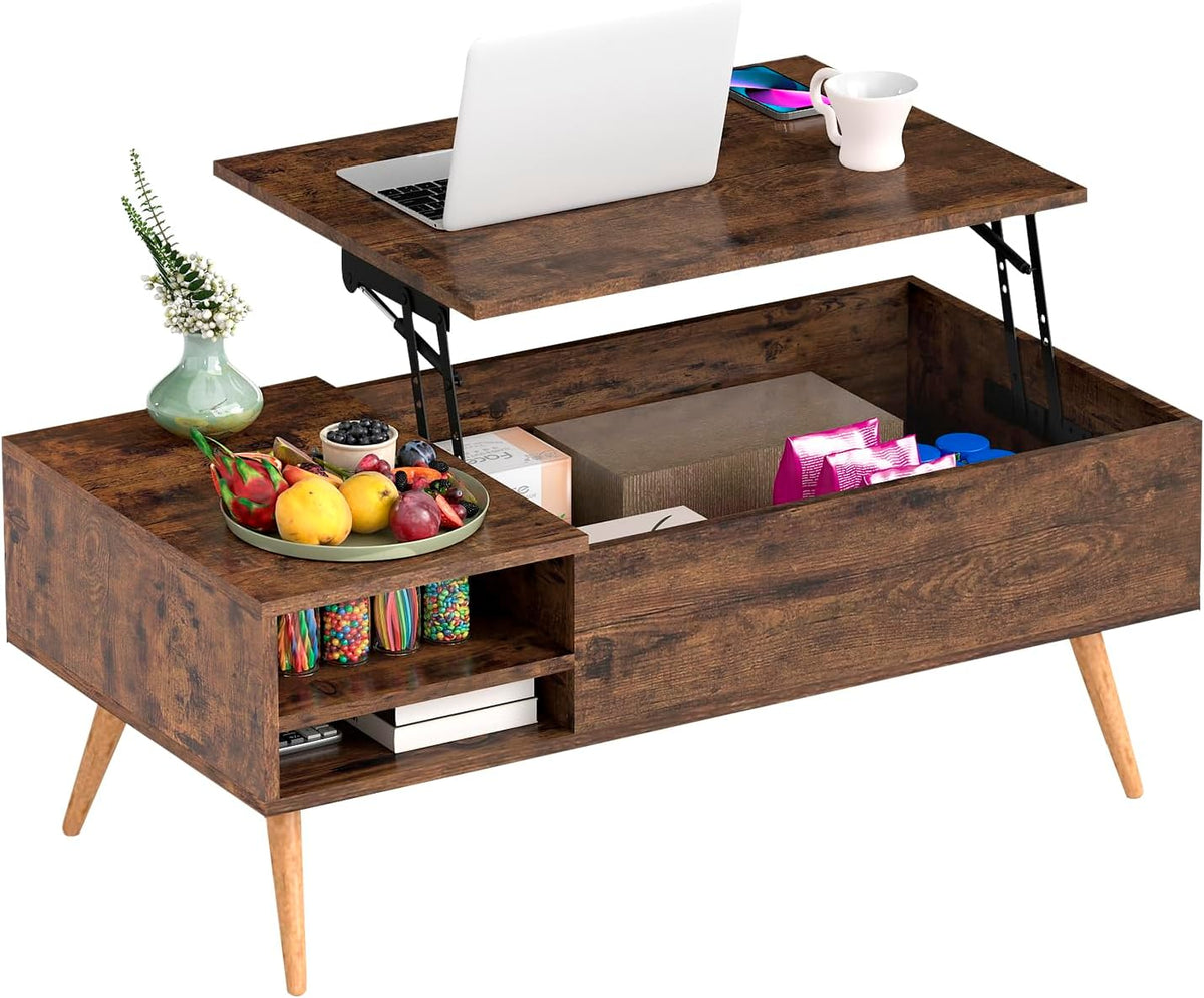 FDW Modern Lift Top Coffee Table Wooden Small Coffee Table with Storage Shelf Hidden Compartment for Living Room Home Office,Brown