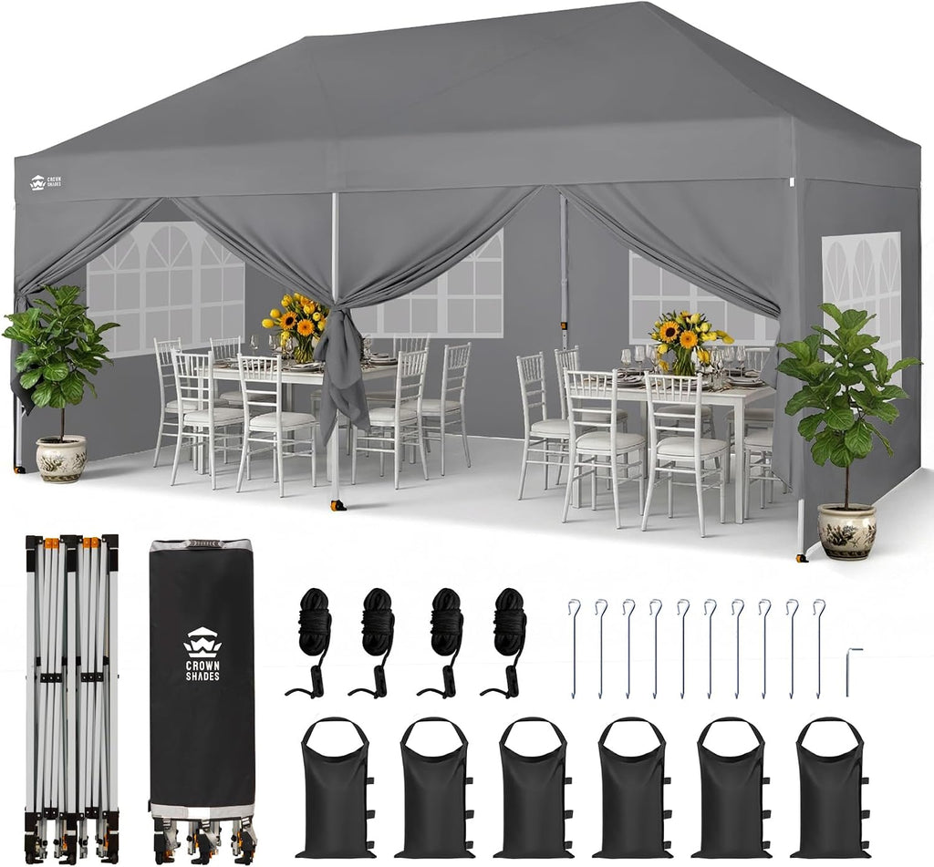 CROWN SHADES 10X20 Pop Up Canopy Tent with Sidewalls, Instant Setup, Gray