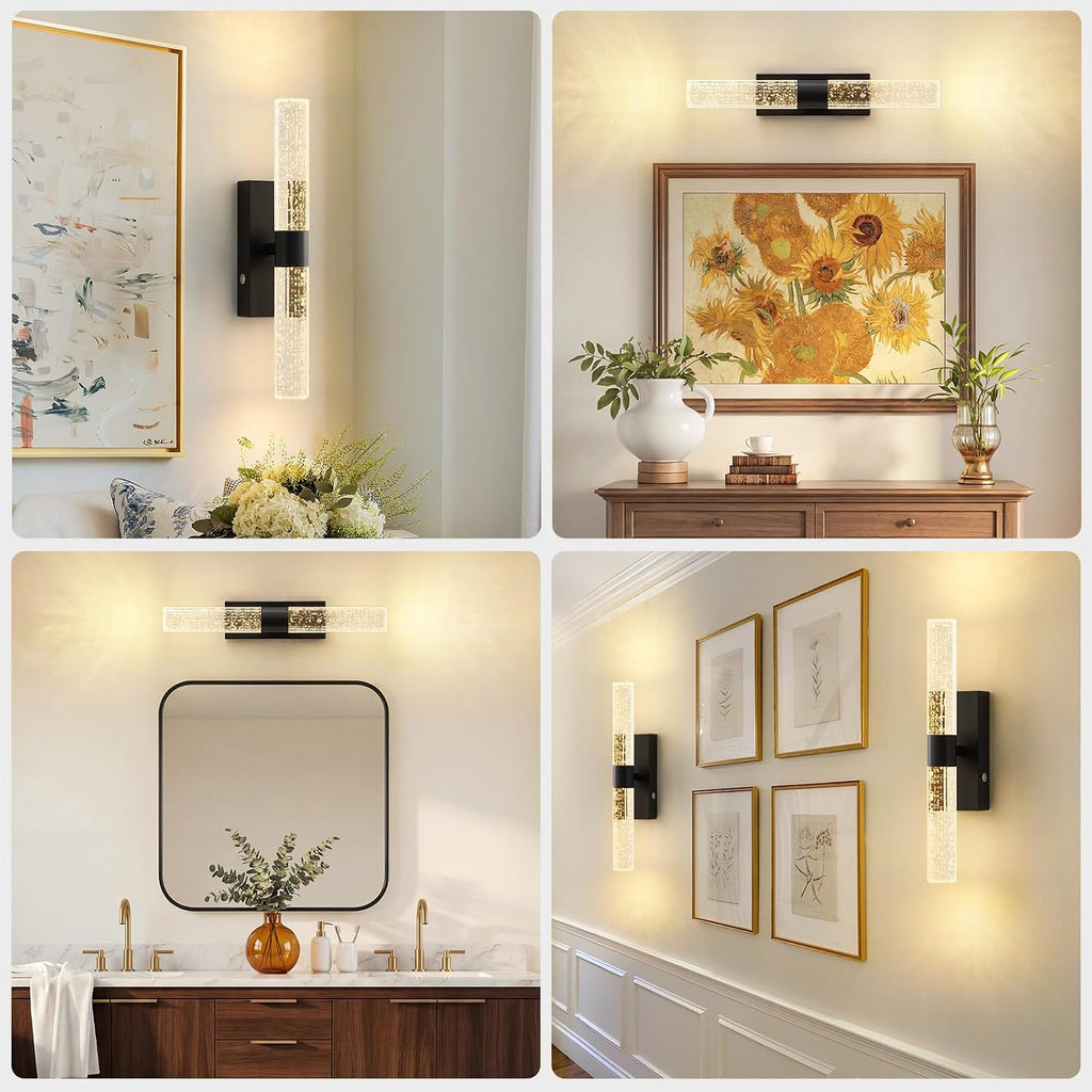 Battery Operated Wall Sconces Set of 2, 12000mAh Black Rechargeable Wall Lights with Remote, 3 Color Dimmable Wireless Crystal Bubble Wall Lamp for Bedroom Living Room Hallway