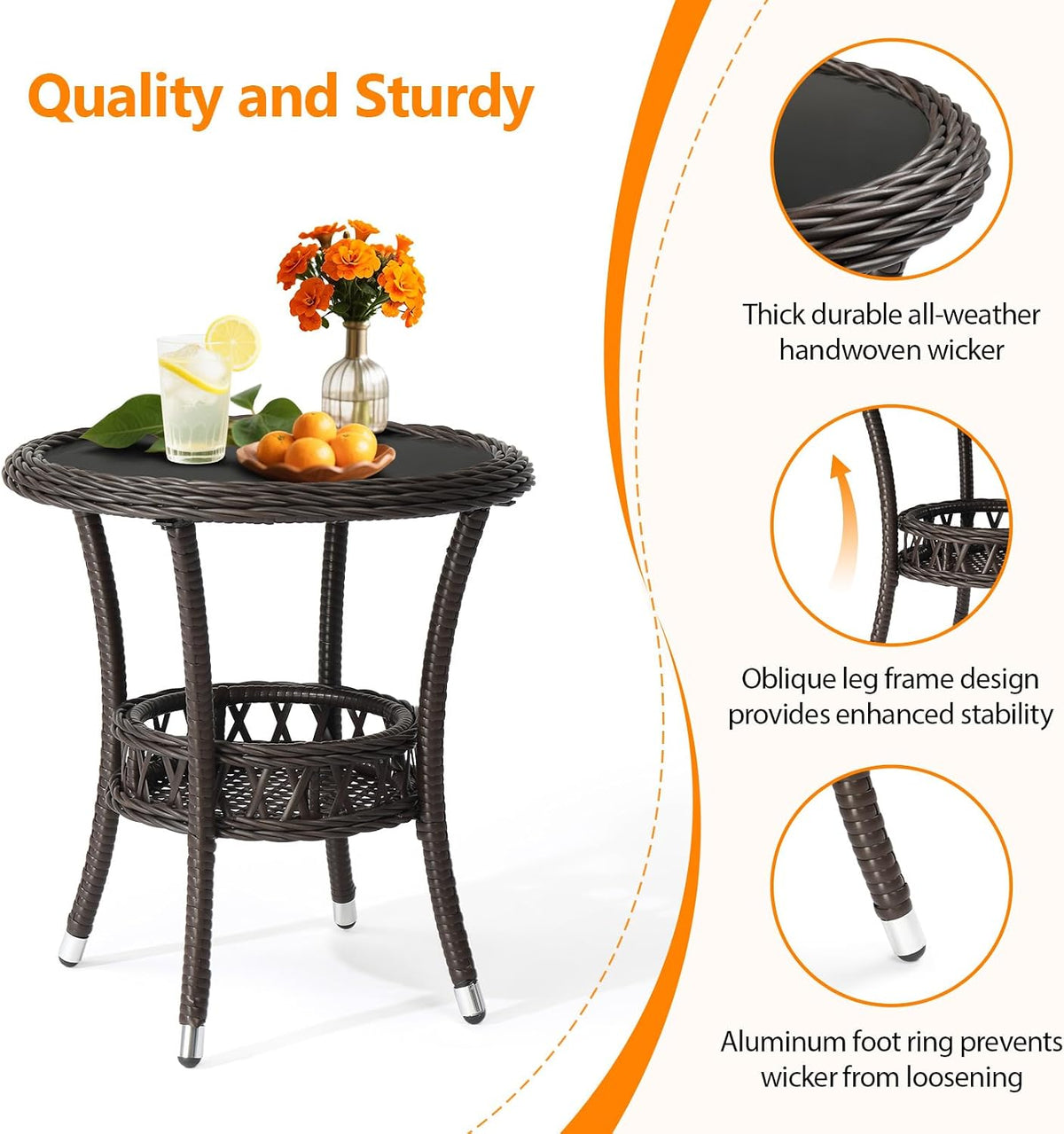 vingli outdoor wicker side table, patio side tables showing dimensions