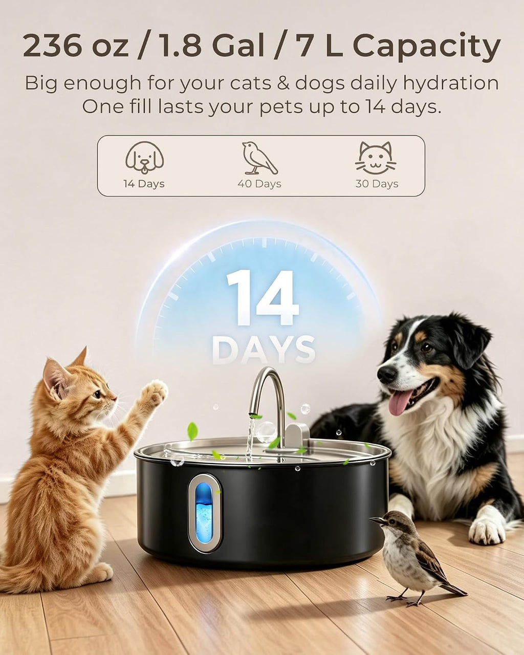 Smartoo 7L/236oz Stainless Steel Large Dog Water Fountain Matte Black