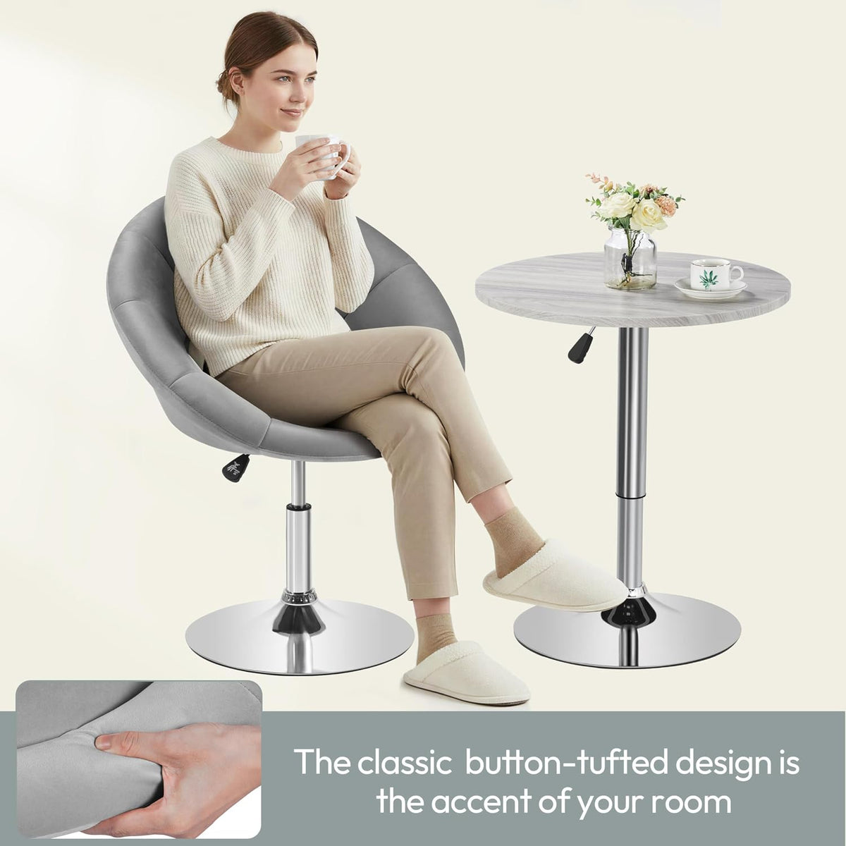 Yaheetech Adjustable Swivel Vanity Chair, Velvet Vanity Chair, Gray