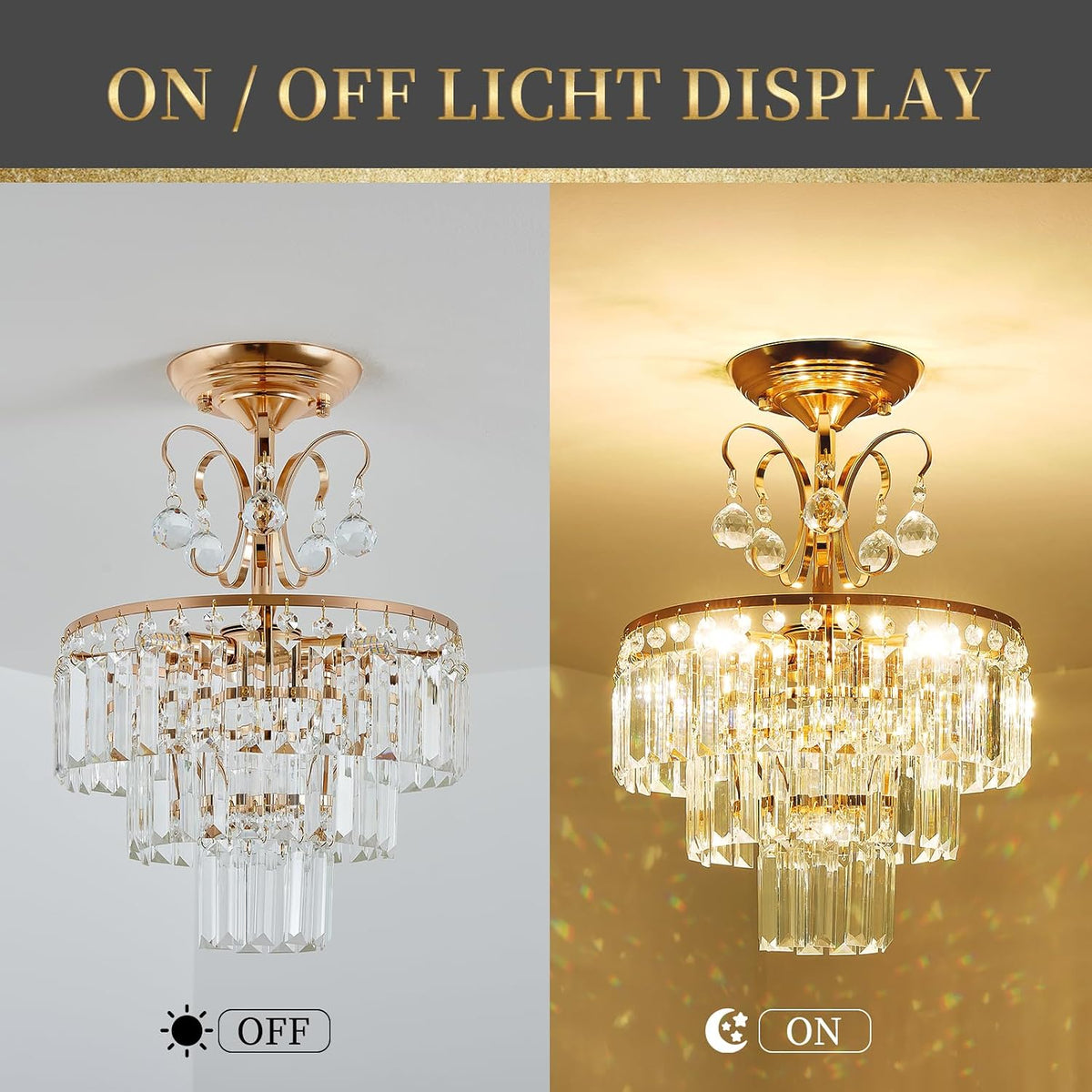 3-Light Gold Crystal Chandelier,Modern 3 Tier Semi Flush Mount Chandelier with G9 Base,Height Adjustable for Farmhouse Living Room Dining Room Bedroom Kitchen Corridors