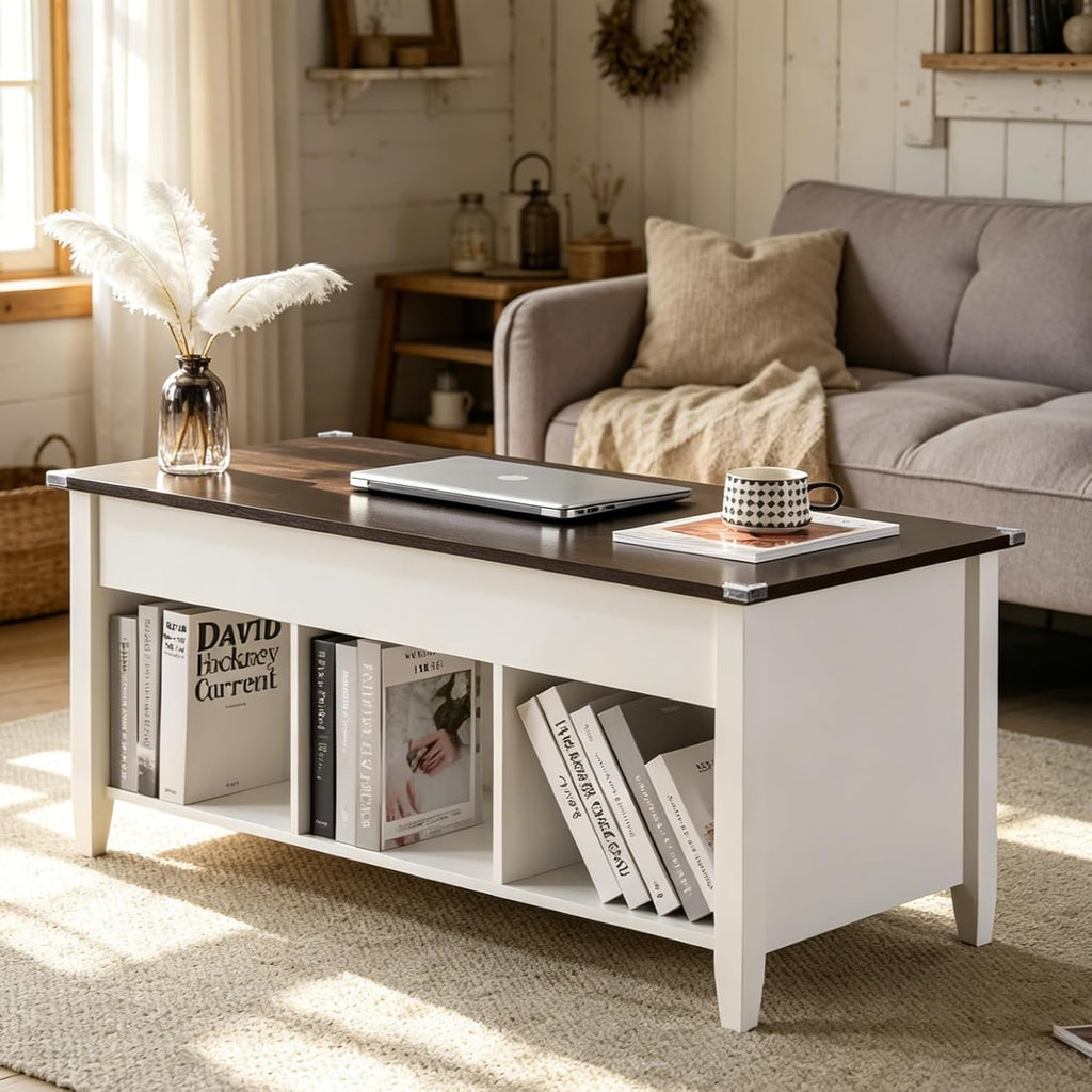 Bonnlo Lift Top Coffee Table, Wood Coffee Table with Lifting Tabletop, Hidden Storage, 3 Open Shelves, 39" Center Table for Living Room, Home Office, White & Dark Brown
