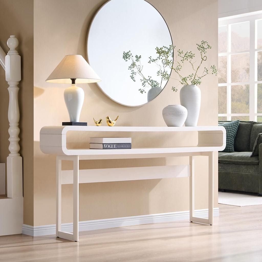 IFGET 63-Inch Long Console Table, Modern Curved Entryway Table, White