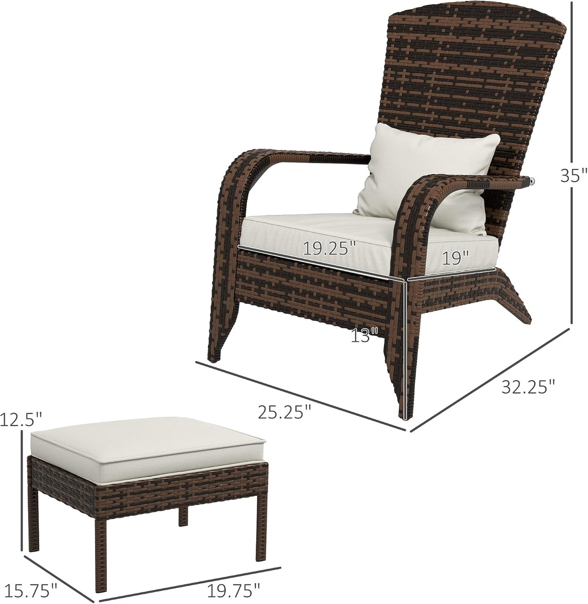 Outsunny Patio Wicker Adirondack Chair with Ottoman High-Back Cream White