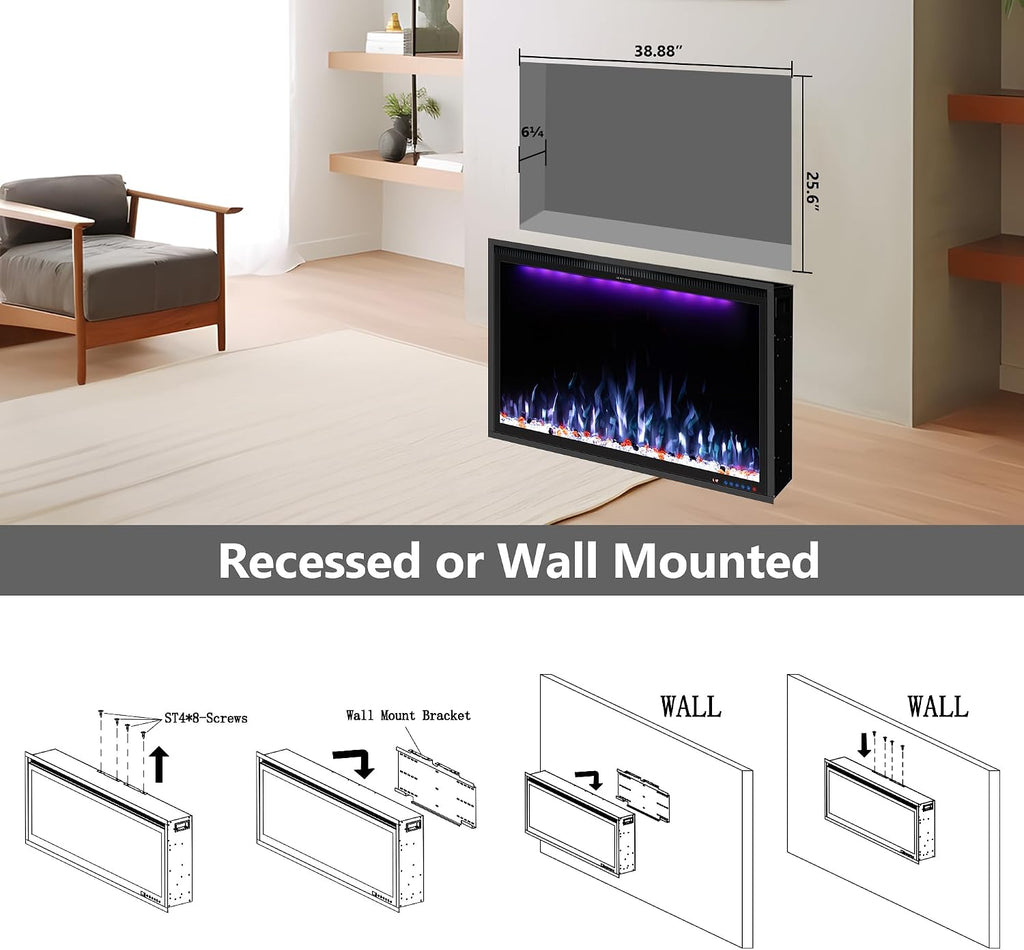 40'' WiFi- Enabled Electric Fireplace Inserts - Alexa & App Control, Slim Recessed & Wall Mounted, 13 * 13 * 3 Flame Color Combinations, 750W/1500W, Black